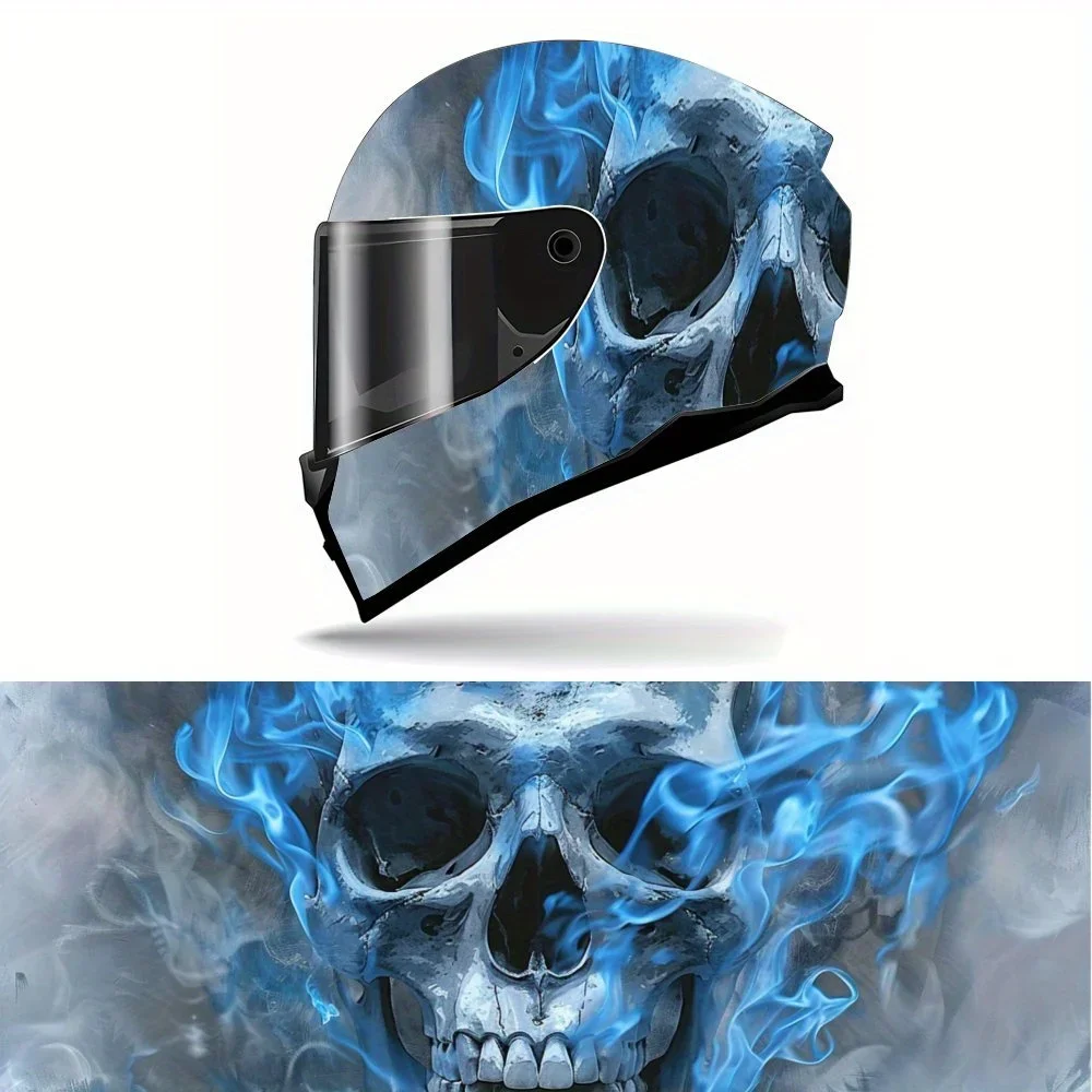 

Unique Eye-catching Design With Blue Flame Skull Motorcycle Helmet Vinyl Wraps Sticker, Personalized Helmet Decoration Decal, Wa