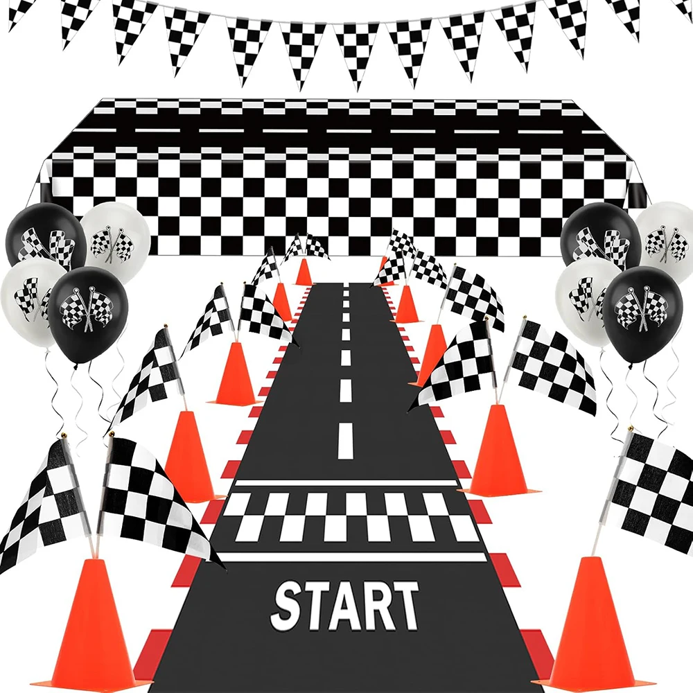 Decoraciones de fiesta de coche de carrera, pancarta de pista de carrera a cuadros, banderas de mantel, globos para niños, suministros de fiesta de cumpleaños de carreras