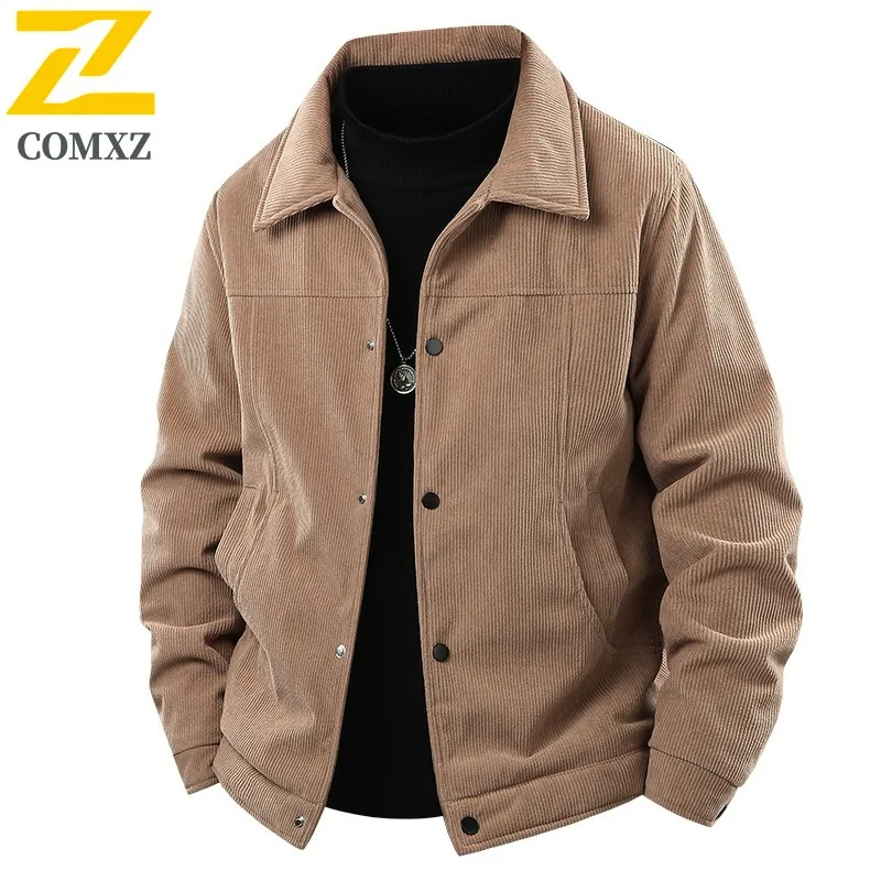 

COMXZ 2025 Мужская вельветовая куртка Slim Fit с вырезом воротником Легкое пальто для пешего туризма Повседневный стиль Большие размеры Весенне-осенняя одежда
