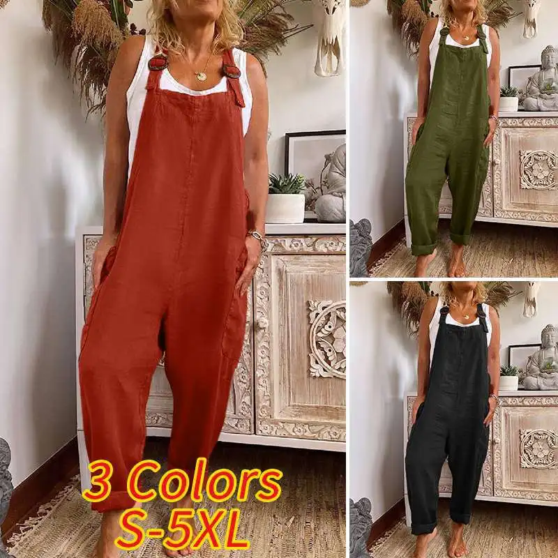 Large size Linen Women Jumpsuits Casual  Vintage Solid Color Sleeveless Adjustable Straps Loose Jumpsuit Bib Overalls