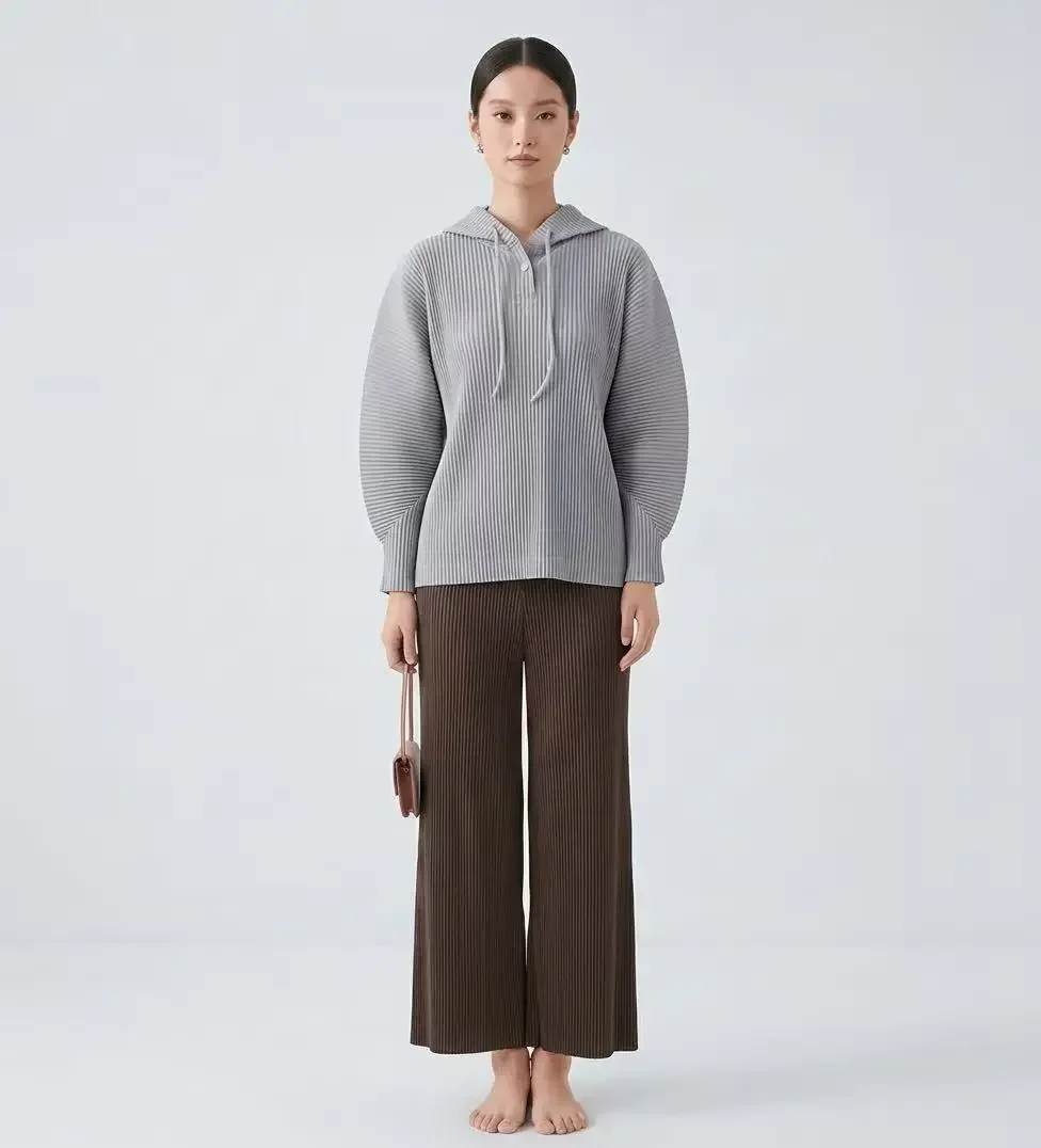 Miyake Women Pleated Hooded Top Drawstring Long Sleeve Loose Solid Color Vertical Pleat Blouse