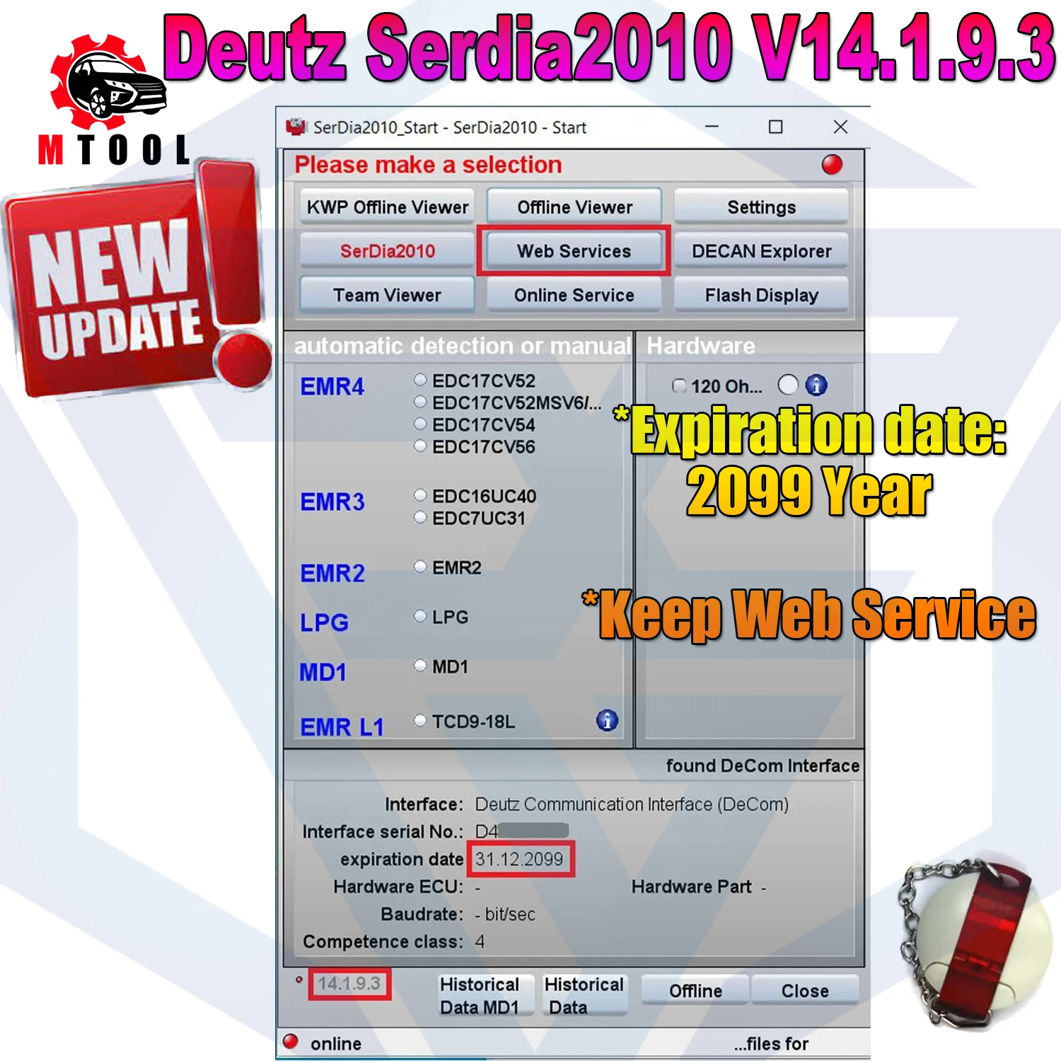 

Deutz Serdia2010 Version 14.1.9.3 SerDia 2010 6 Level Class 4 License Update to 2099 For Deutz ECU Read Write EMR4 EMR3 EMR2 MD1