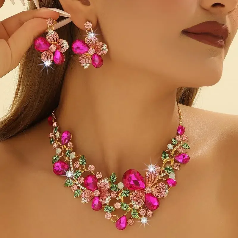 

Multicolor Earrings with Matching Necklace Fashion Bauhinia Flowers Crystal Jewelry Set Wedding Necklace Women Jewelry