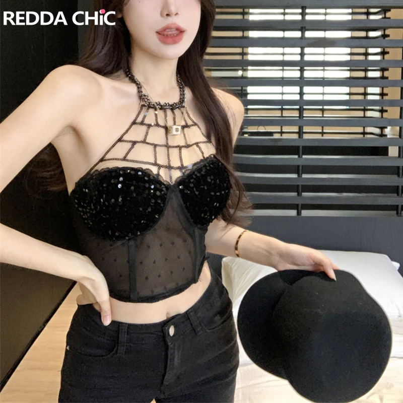 

ReddaChic Sheer Lace Stitch Sequin Top Women Sparkly Y2k Punk Sleeveless Open Back Chain Halter Cropped Top Sexy Night Clubwear