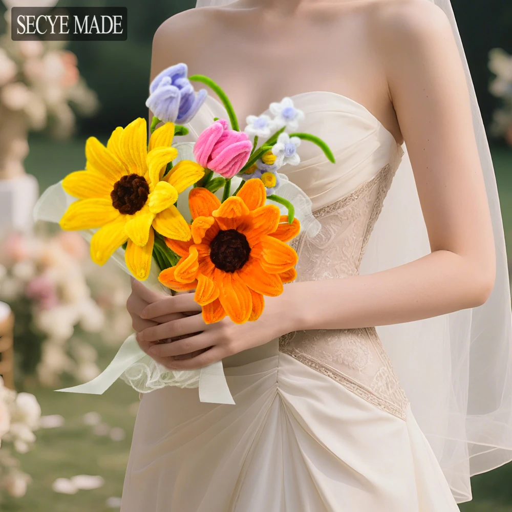 

Handmade Sunflower Bouquet Colorful Pipe Cleaner Holding Flowers Bouquet Artificial Flower Ornament Wedding Decoration M04
