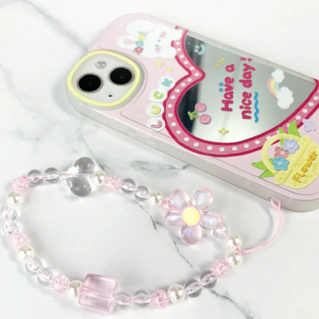 Handmade Beaded Short Mobile Phone Strap, Cute Transparent Flower Acrylic Wrist Lanyard Anti-Lost Portable Phone Decor Charm