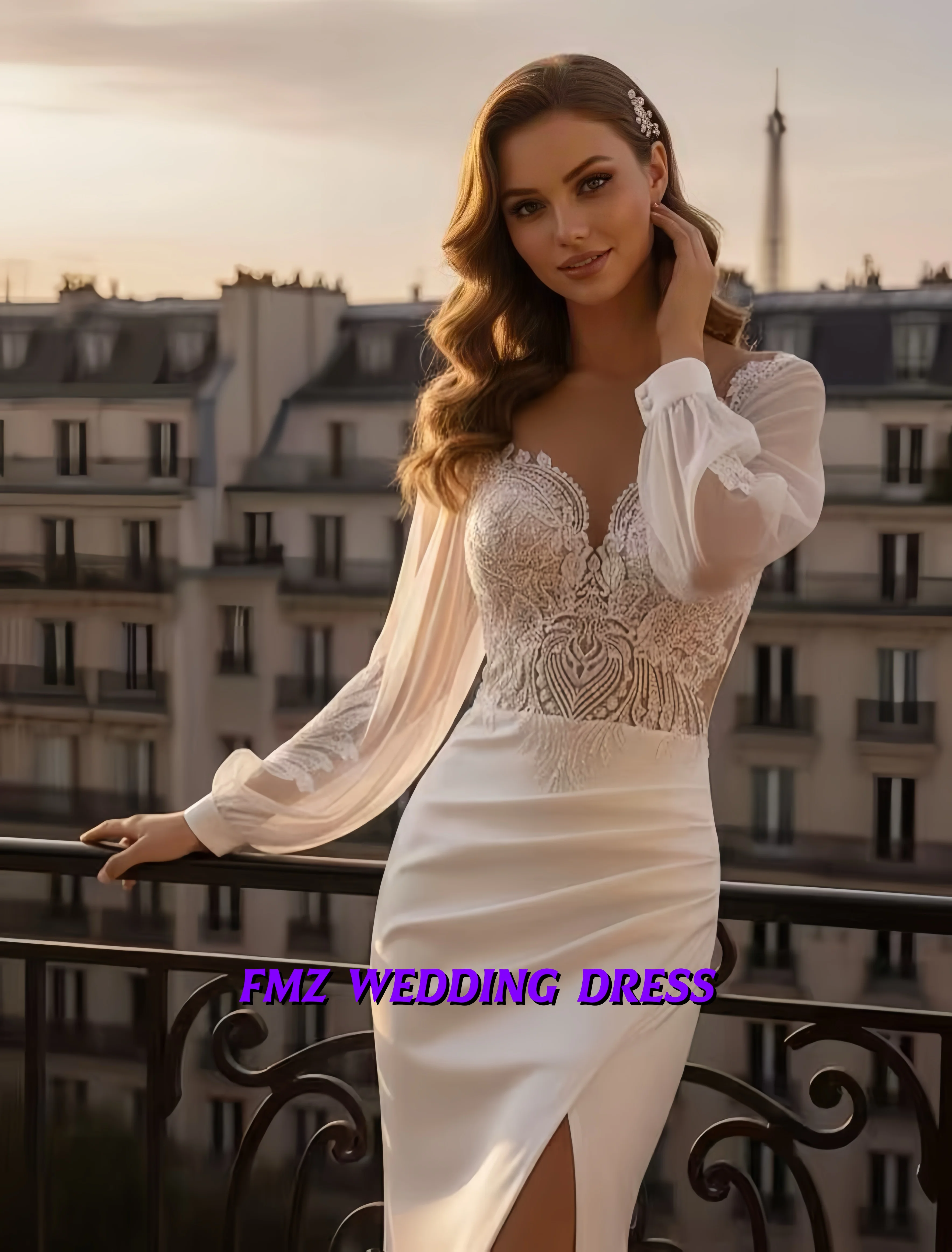 

Свадебное платье на заказ с V-образным вырезом, длинными рукавами, разрезом и А-образным силуэтом, элегантное свадебное платье, свадебные наряды.