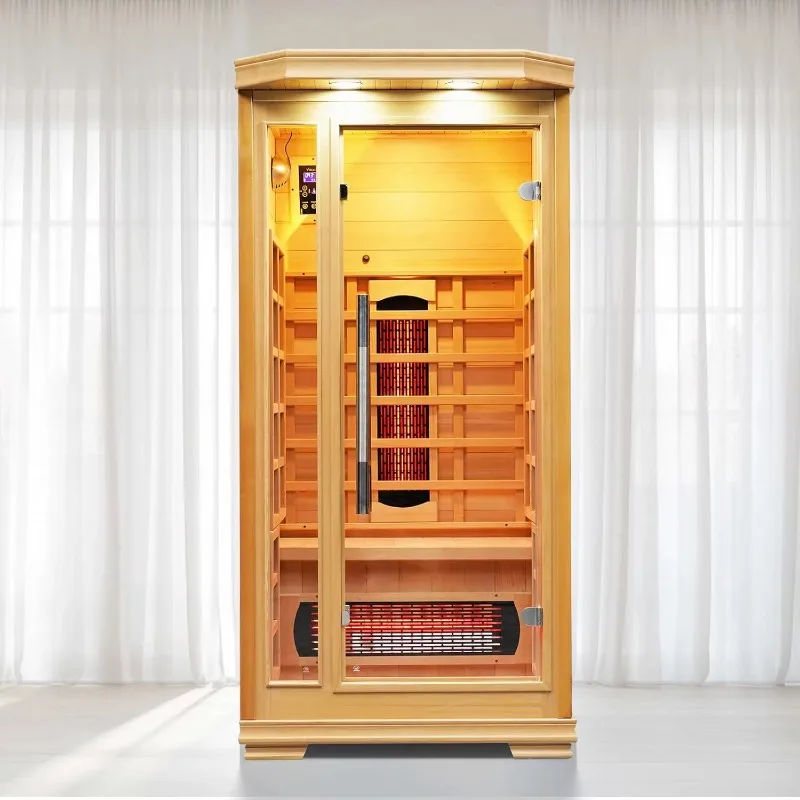 Red light far-infrared sauna heater, Canadian cedar wood dry indoor sauna heater, with LCD panel control and speaker.