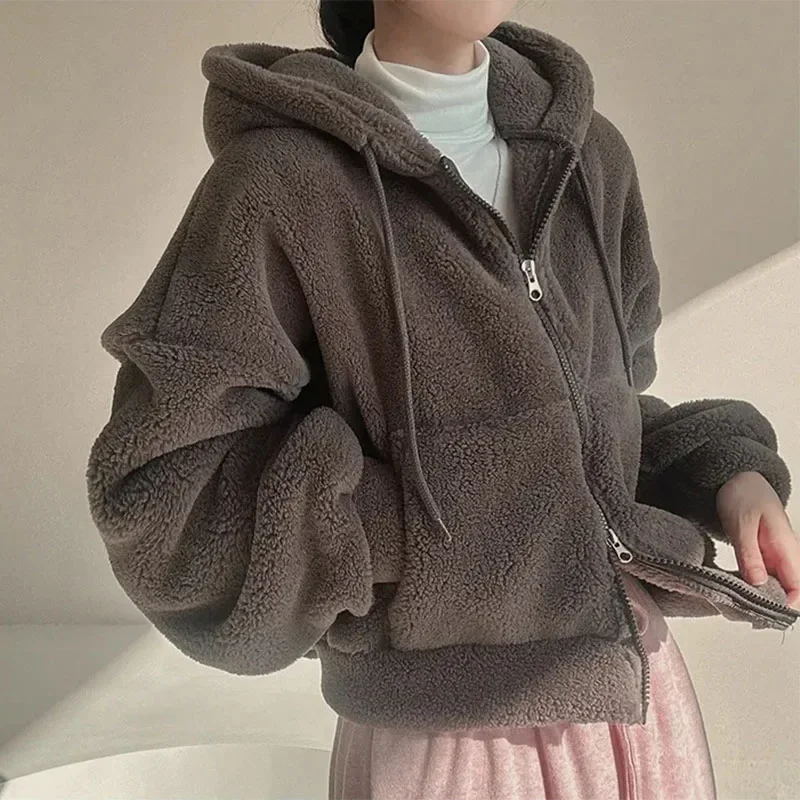 Women Lamb Fleece Hoodies Solid Color Autumn Winter Zipper Jackets Thicken Warm Hooded Coats Ladies Casual Plush Outerwear