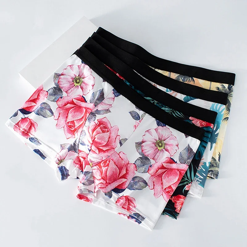 4-Piece Floral Print Men's Personalized Boxer Shorts Comfortable Soft Elastic Underwear Men's Sexy Underwear