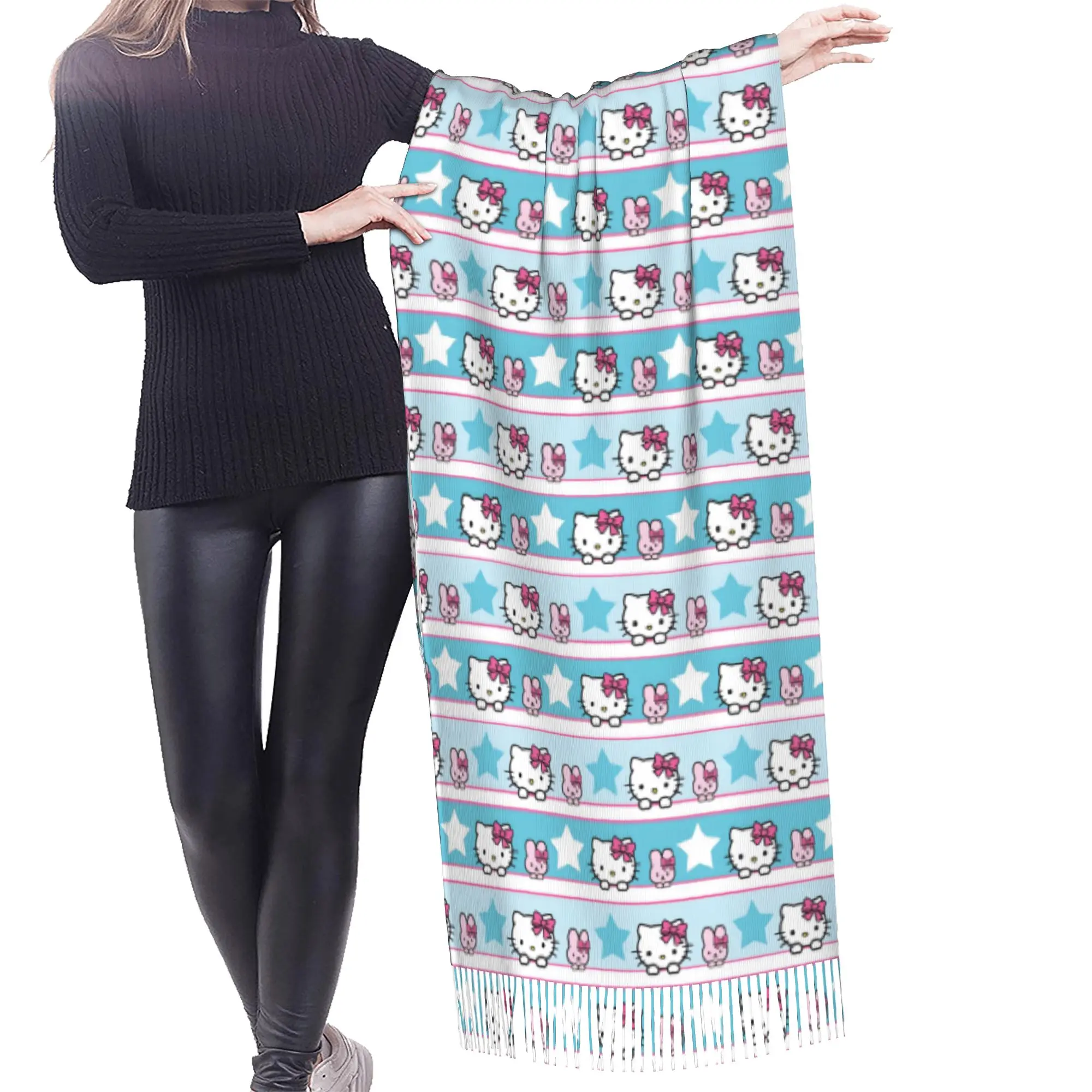 Custom Kitten Cat Cartoon Tassel Scarf Women Soft Anime Shawls Wraps Ladies Winter Fall Scarves