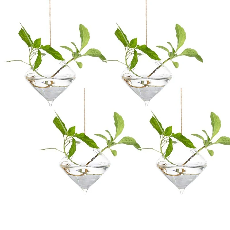 집 정원 발코니용 유리 행잉 파종기, 물 공기 식물 용기, 테라리움 캔들 거치대, 줄 로프 포함, 4 개