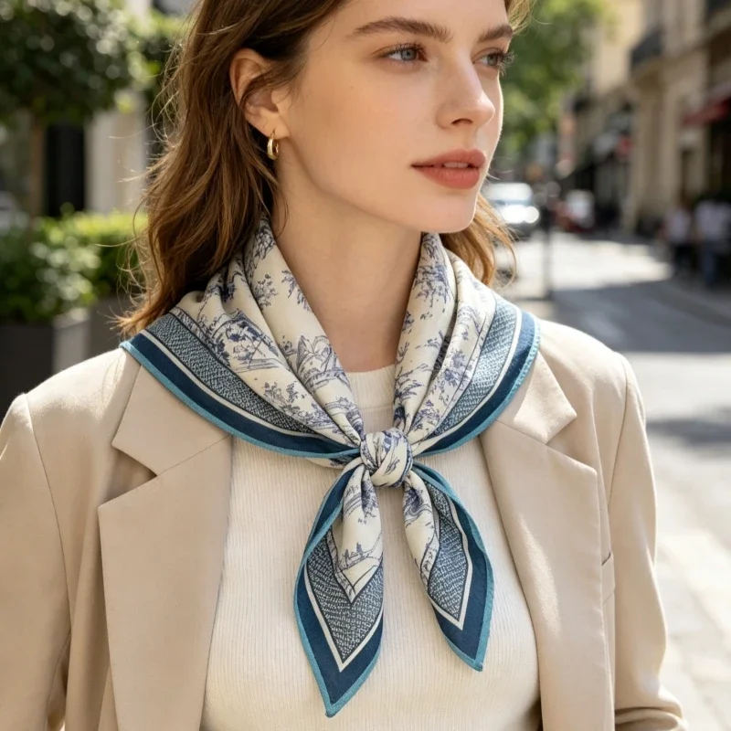 Luxury High Sense Silk Wool Neck Warmer Sketch Garden Double Print Square Scarf Ladies All Match Soft Decorative Neck Wrap Shawl