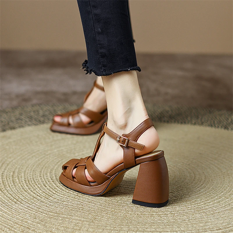 Meotina Women Genuine Leather Square Toe Platform Sandals Thick High Heel Narrow Band Buckle Ladies Fashion Shoes Summer Spring