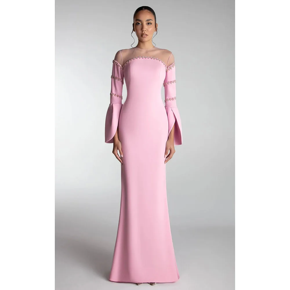 럭셔리 이브닝 드레스 오-넥 긴 소매 비즈 크리스탈 인어 이브닝 가운 바닥 길이 댄스 파티 드레스 드레스 맞춤형