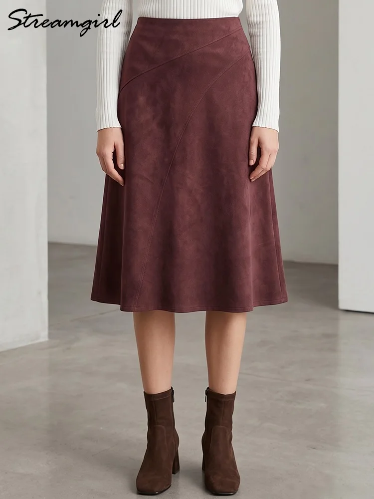 Autumn Midi Suede Skirts Women Brown A Line Elastic Waist Skirt Knee Length With Zipper Vintage Fall Women's Skirts Burgundy