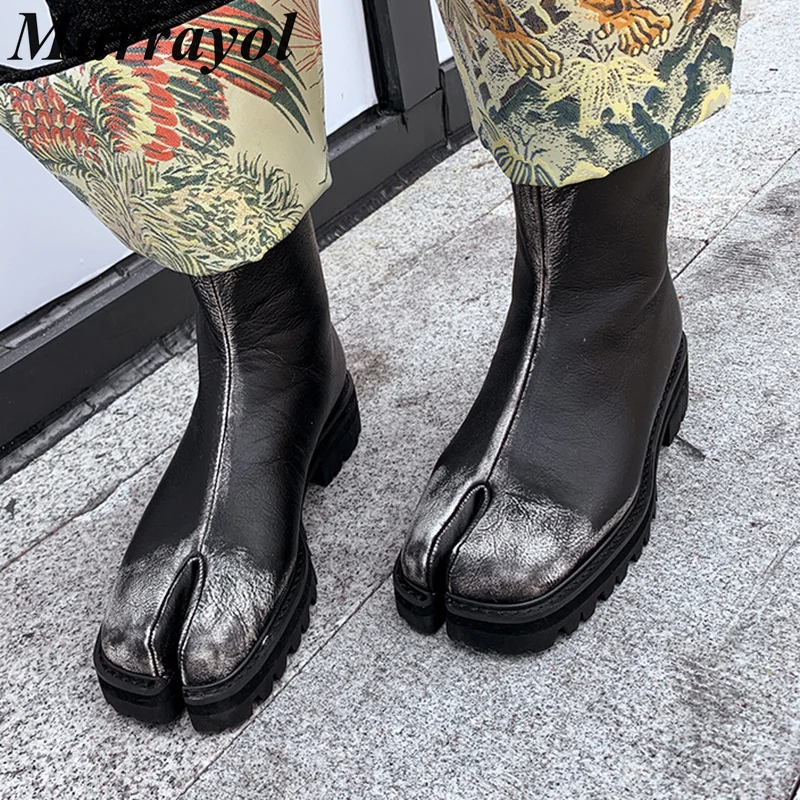 Fashion Split Te Boots Autumn Winter Genuine Leather Thick Sole Knee-high Long Boots Women Mixed Color Back Zipper Short Botas