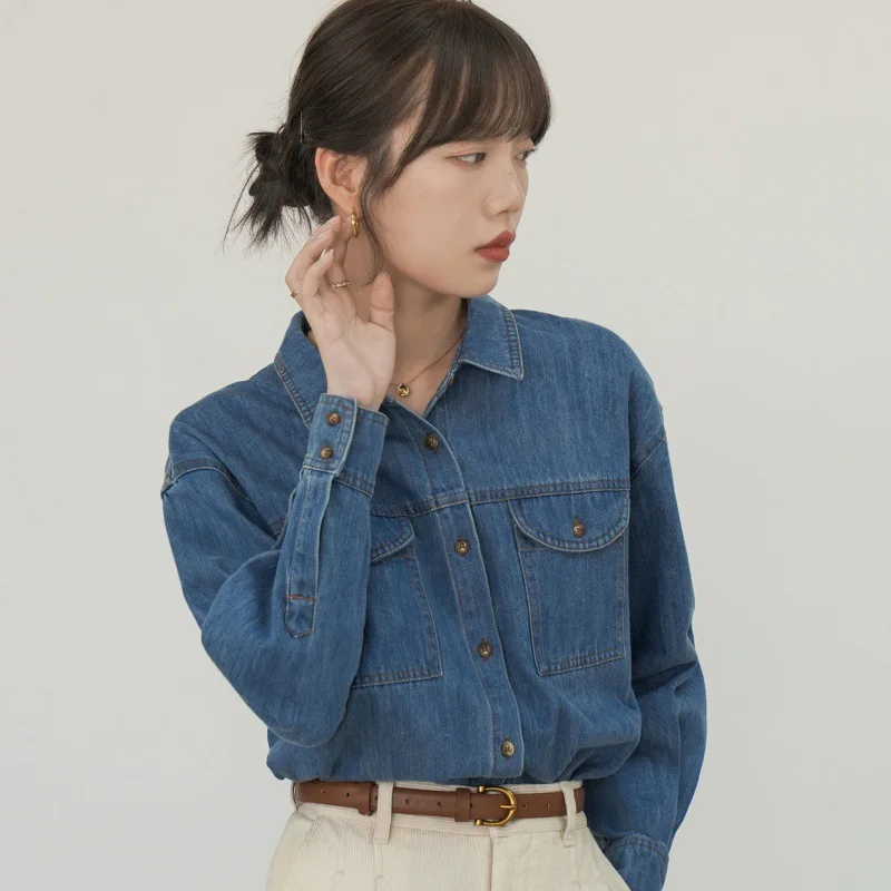 معطف الدنيم المعتاد للمرأة الخريف يزين مزدوجة الصدر المرقعة حزام سليم صالح الرباط مطوي سترات الكلية الشباب