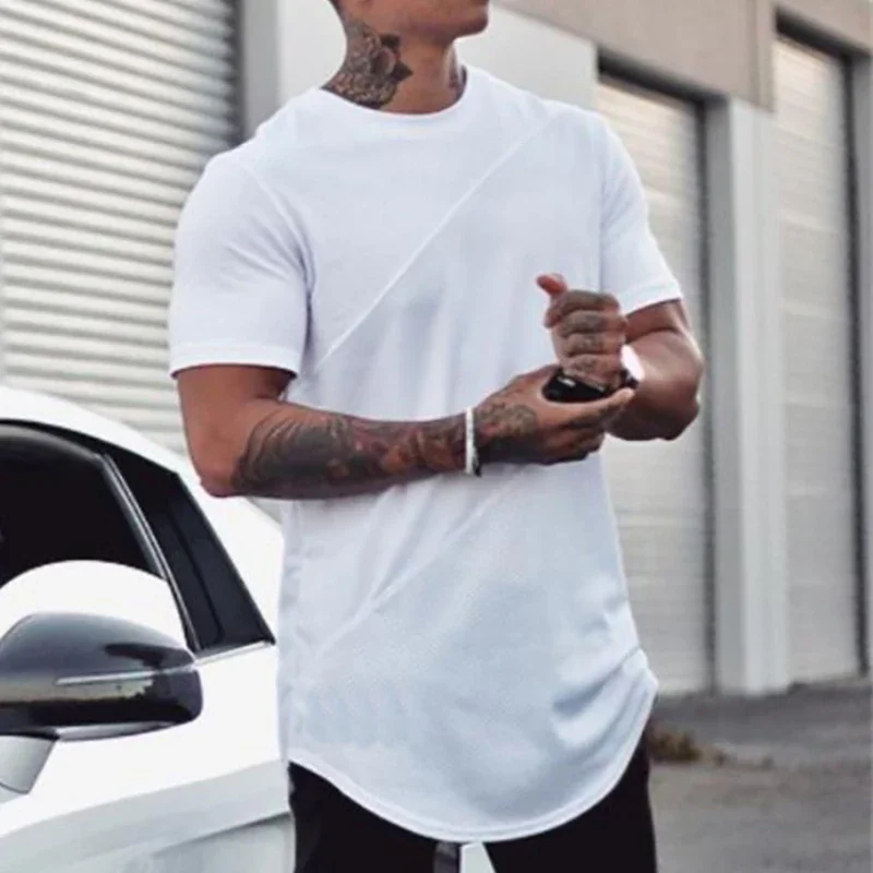 T-shirts de course unis hommes décontracté coton Patchwork maille chemises Sumemr vêtements de sport