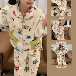 Anime Coral Velvet Pajamas Crayon Shinchans Kawaii Girl Long Sleeves Decorate Trousers Cartoon Loungewear Set Good Looks Gift