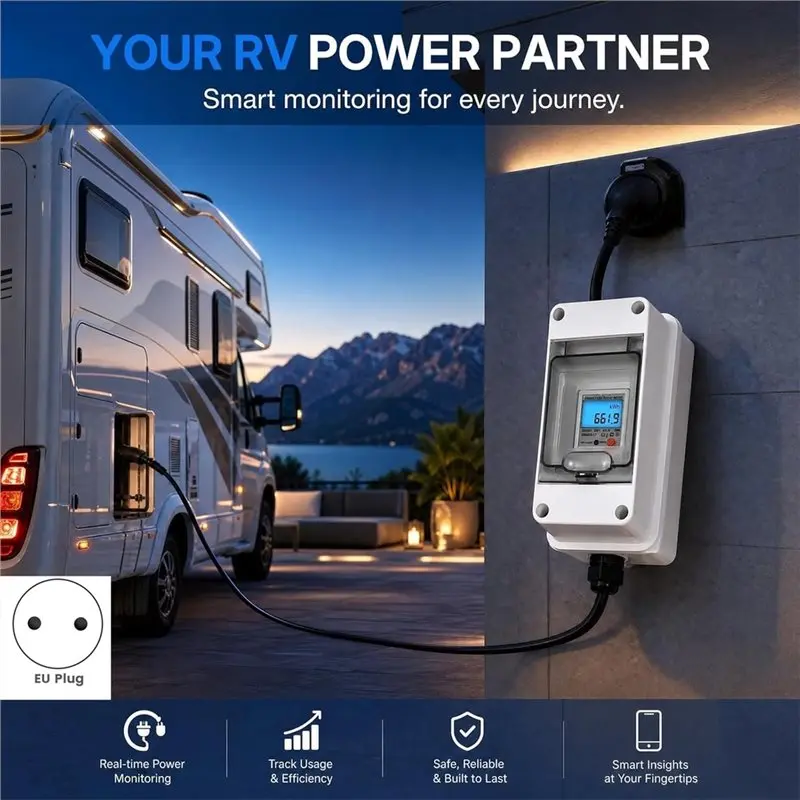 NEW HOT in Stock-230V 16A Mobile Digital Power Meter For Socket, IP65 Waterproof, Reset, For Motorhome,Electric Car And