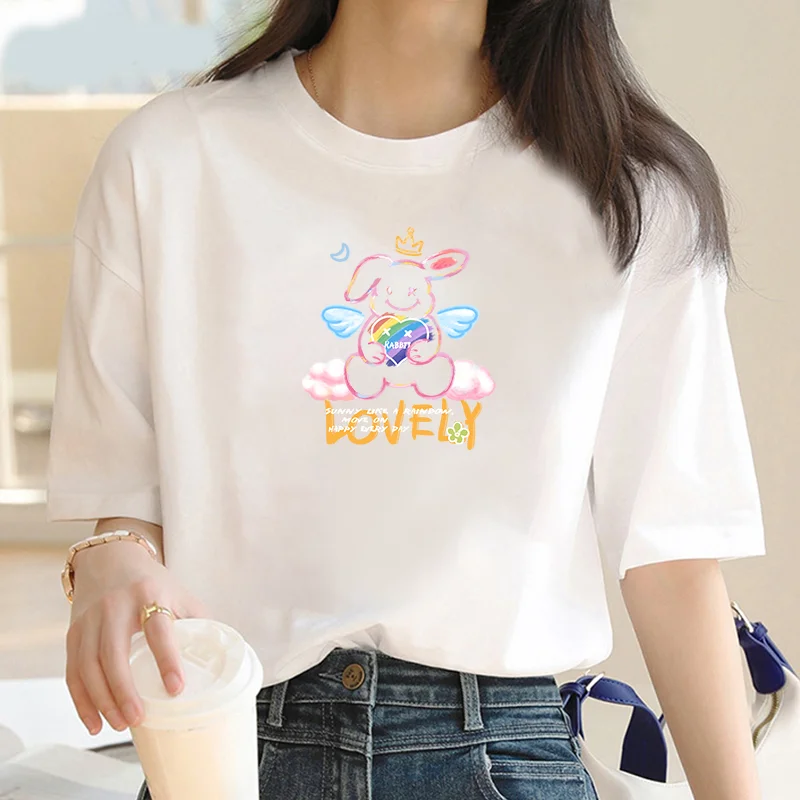 Cute bunny print cotton short sleeve women's street luxury brand T-shirt Loose Oversized T-shirt breathable soft S-5XL