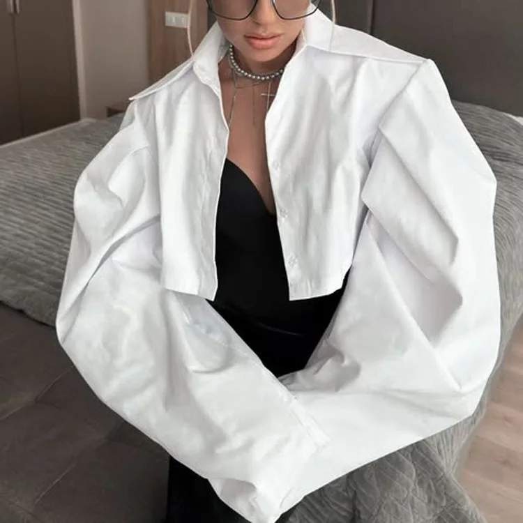 Autumn French Style Minimalist Spicy Girl Short Style Exposed Navel Women's Shirt Cotton Versatile Lapel Long Sleeved Top 2025