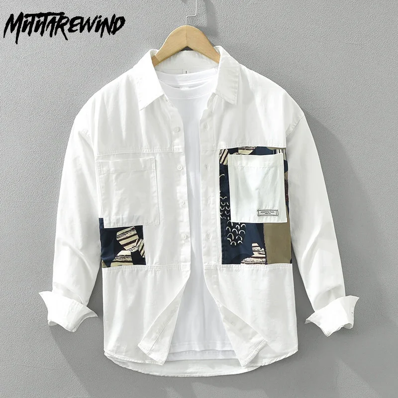 Japanese Style Long Sleeve White Shirt Men Spring Street Casual Shirts 100% Cotton Patchwork Printed Shirt Youth Fashion New Top