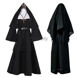 Women Halloween The Nun Costume Horror Movie Virgin Mary Cosplay Black Nun Uniform Suit with Scarf Ladies Carnival Party Outfit