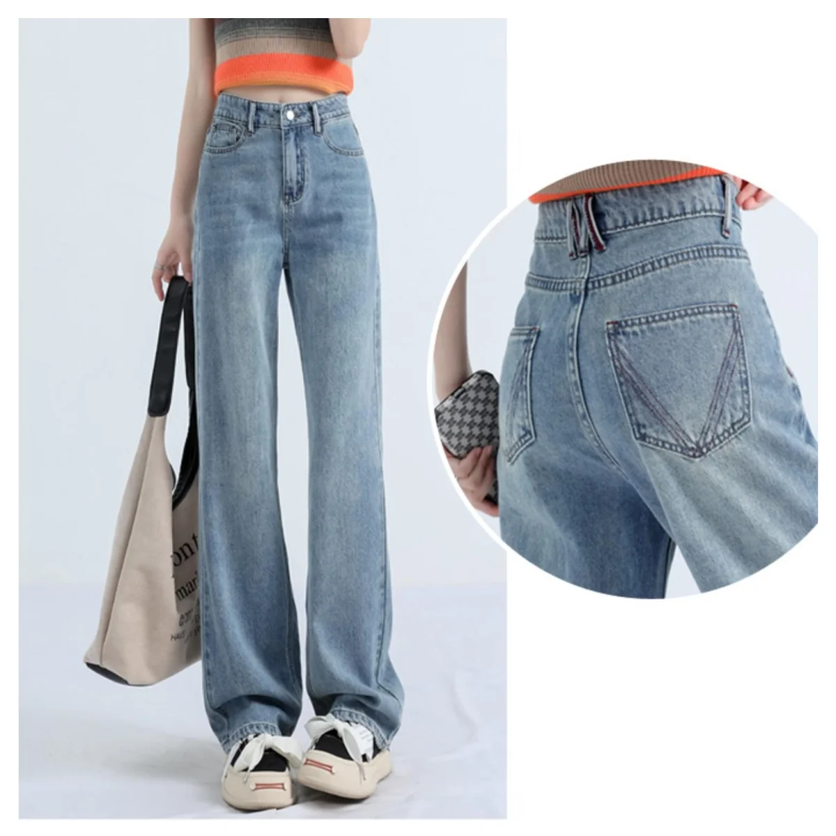 

Ladies' fashionable and casual straight leg jeans worn out and slimming versatile fashionable and casual pants basic style