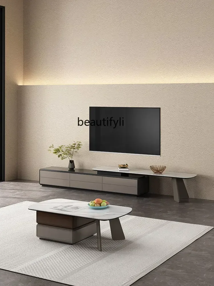 

Italian Minimalist Square Rotating Coffee Table Stone Plate Retractable Floor Cabinet Living Room Home Small Apartment