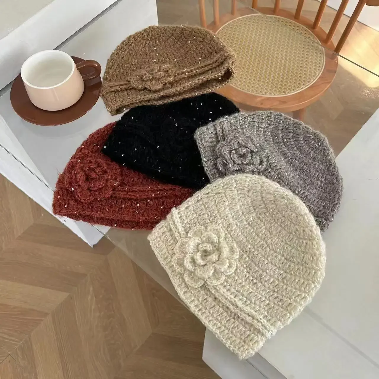 

new beanie Pullover caps equin Handmade crochet hat wool hat Knitted hat skiing cap 3D Flower Winter Warmth Hat Thick gentle hat