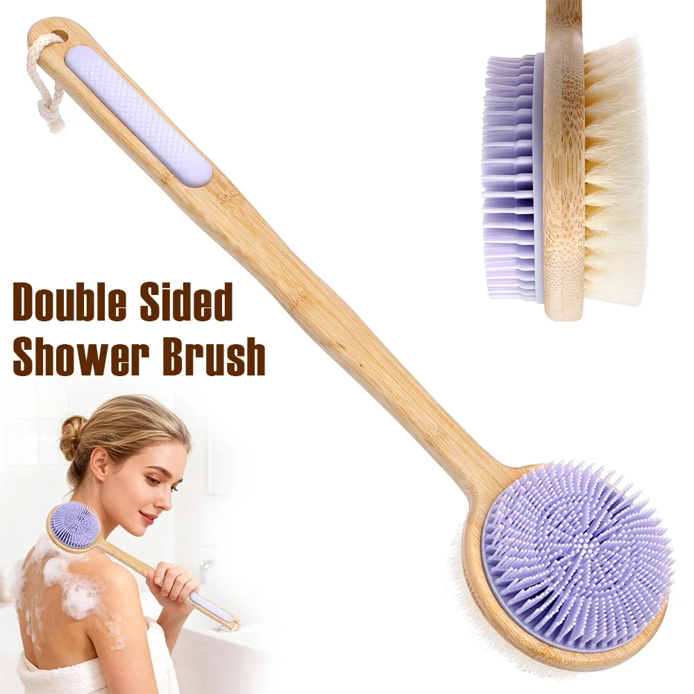

Double Sided Shower Brush Bamboo Shower Back Scrubber with Long Handle Deep Cleaning Exfoliation Body Brush Bathroom Supplies