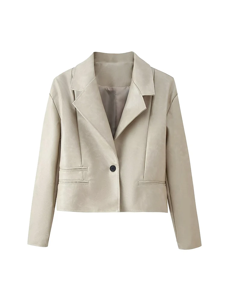 TFMLN Women Leather Suit Coat Lapel Single Button Jacket Slim Fit Retro Fashin Female Faux Pu Blazer Lady High Street Jacket