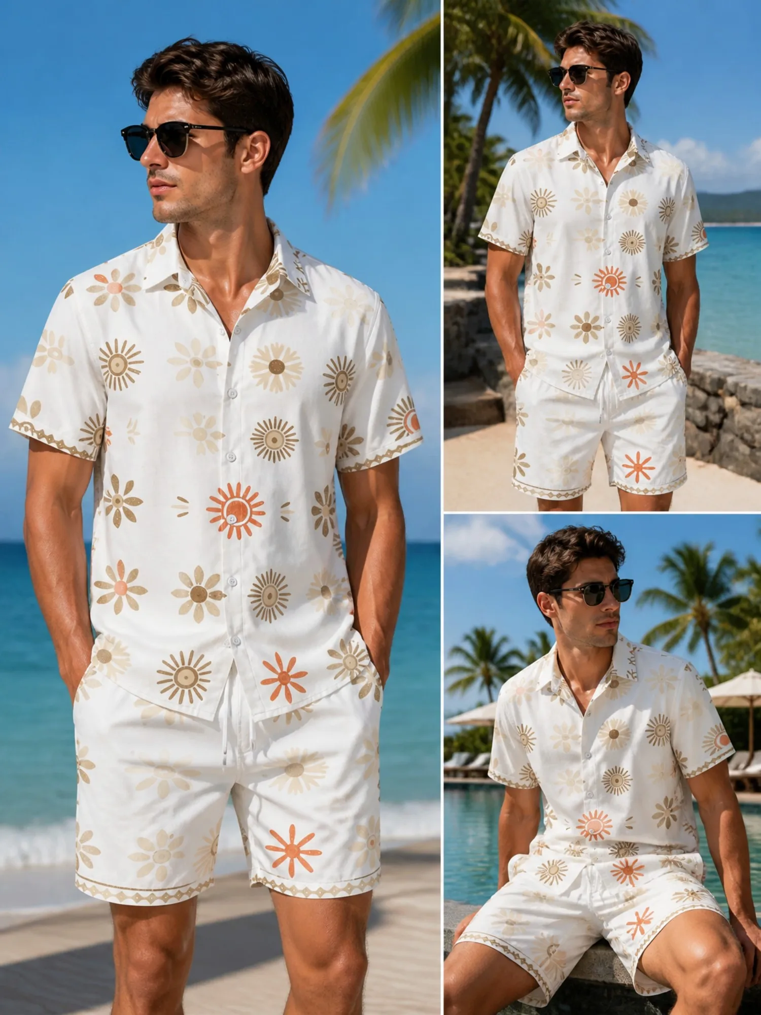 Mens Floral Short Sleeve Shirt and Drawstring Shorts Set Beach Vacation Casual Summer Two Piece Matching Beach Outfit Loungewear