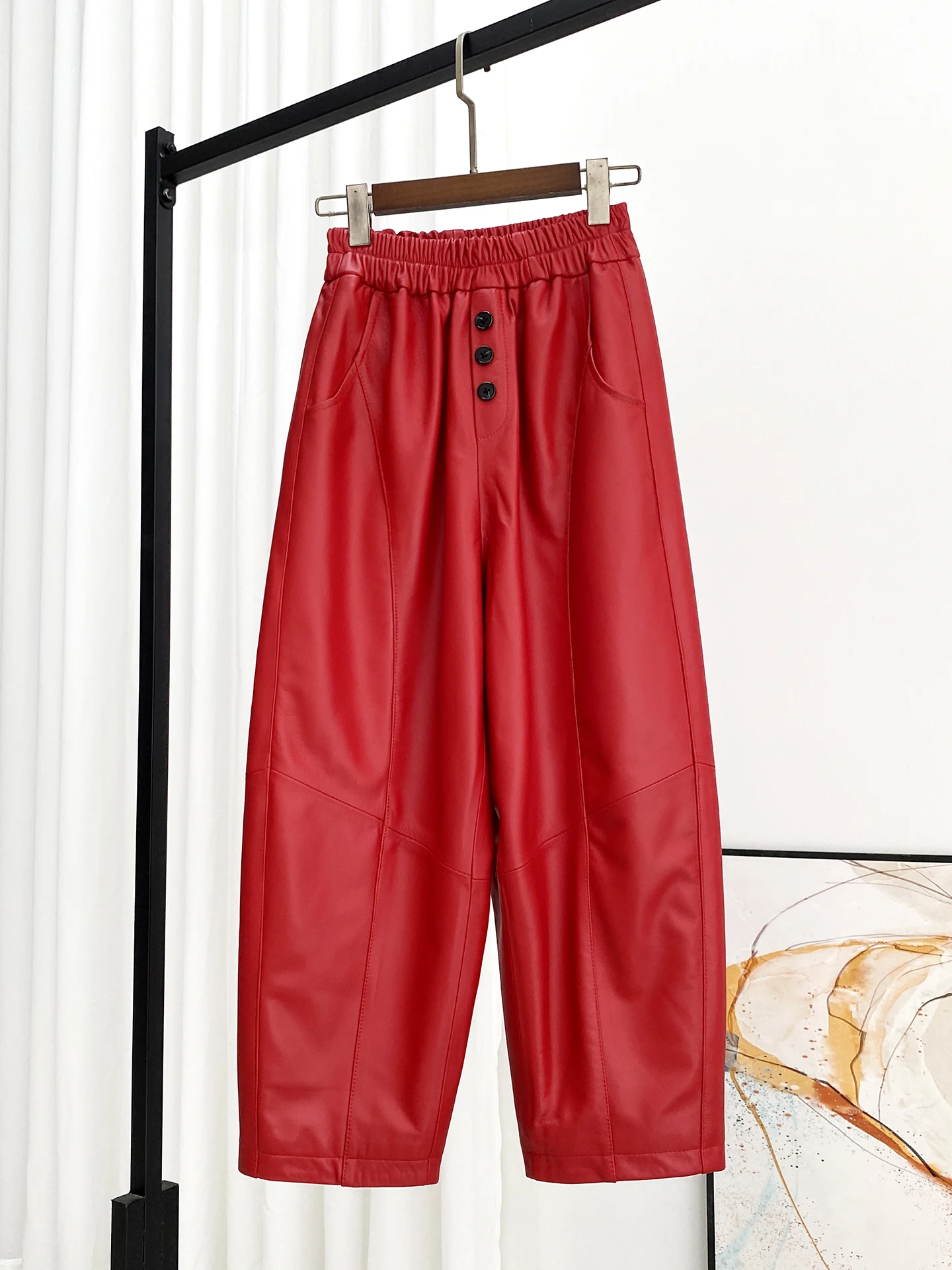 

Autumn New High Quality Genuine Leather Pants Women's Loose All-Matching Casual Sheepskin Cropped