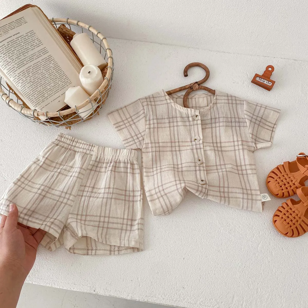 Infant Suits Baby Boys Girls Plaid Short Sleeved Top with Shorts One Sets Baby Clothes 1-3 Years Old