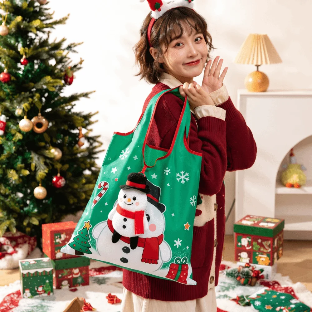 Colorful Christmas Grocery Tote Mini Tear-Resistant Cartoon Pocket Handbag Plush Case Space-Saving Foldable Shopping Bag