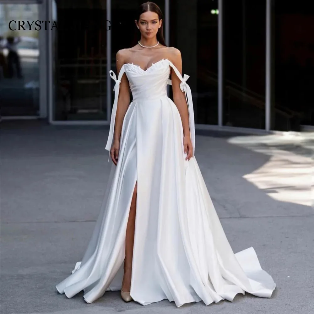 

Vintage Long White Off the Shoulder Satin Wedding Dresses Sleeveless with Bow A Line Slit Sweep Train Vestido De Noiva