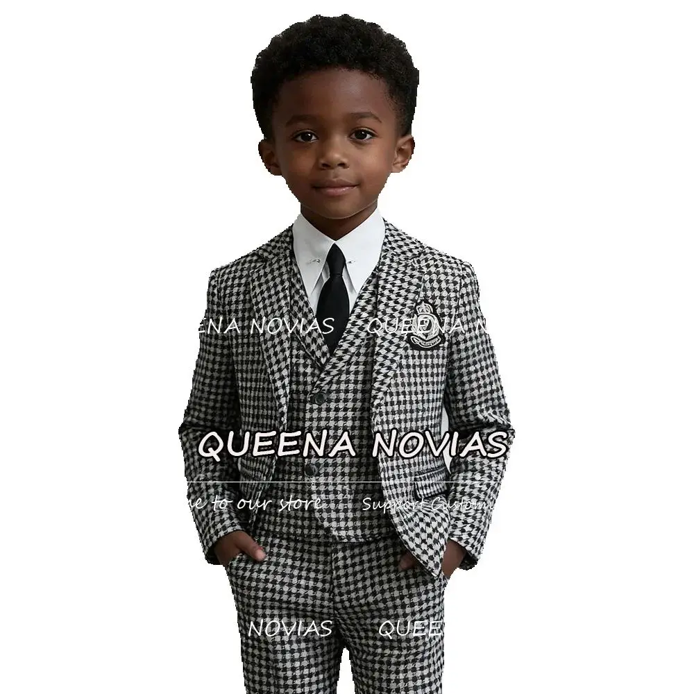 

Classic Houndstooth Boys Suits For Wedding Customized Children Plaid Business Party Blazers Cutomized 3 Pieces Kids Party Tuxedo