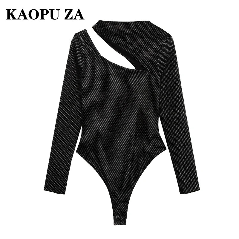 KAOPU ZA 2024 Autumn New Woman Chic O-Collar T-shirt Bottoming Shirt Sexy Female Black Long Sleeve Top Irregular Pullover Velvet