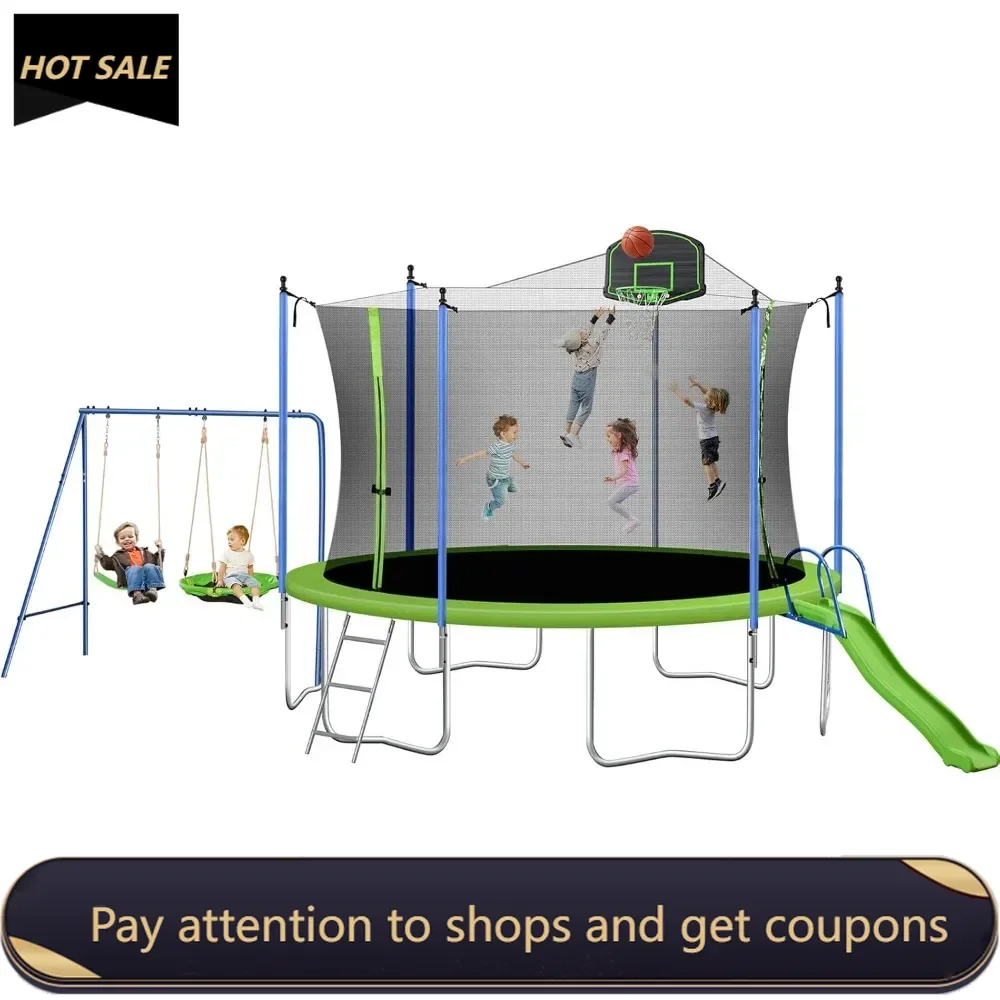 

14FT Outdoor Trampoline with Swing, Slide, Basketball Hoop, Safety Enclosure and Ladder, Outdoor Recreational Trampoline