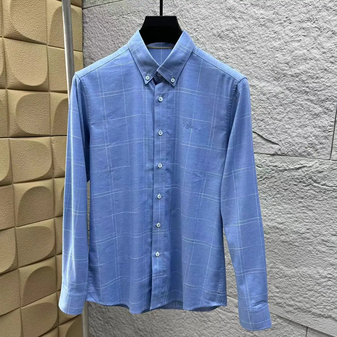 

Мужская синяя клетчатая стойка Long Sve irt из переработанного волокна, осенний новый Sle Offline, эксклюзивный дизайн с воротником arp