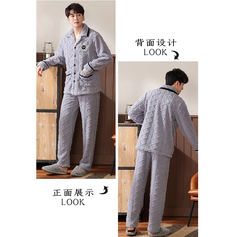 Winter Super Dikker Flanellen Pyjama Sets Zachte Plus Pluche Warme Lange Mouw Pyjama voor Mannen Mode Casual Knoppen Pyjama Homme