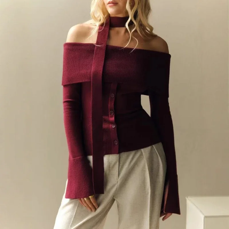 

One Shoulder Knitted Pullovers Women's Scarf Long Sleeves Solid Sexy Slim Top 2025 Autumn New Fashion Commuting Outfits