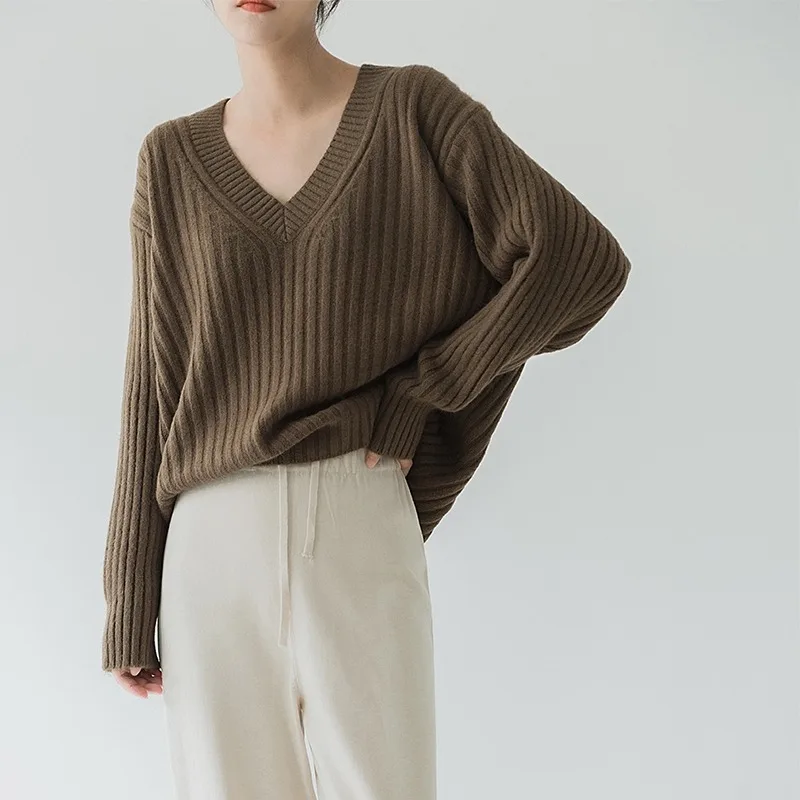 Korean Chic Fashion Casual Pullovers Women Autumn Winter Sweaters V-Neck Knitted Tops Elegant Solid Color Loose Clothes 29217