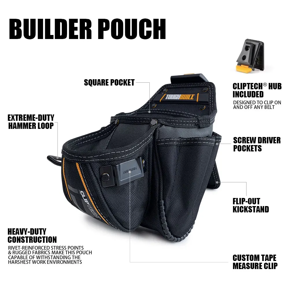 TOUGHBUILT Builder 1680D Heavy-Duty Construction Tool Pouch with Rugged ClipTech Hub & Hammer Loop -  Tool Storage