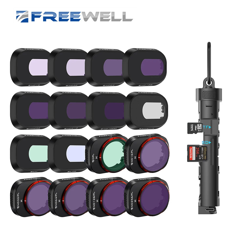 Freewell Drones Filters Kit 17 Pack ND/PL UV LPR CPL ND Filter and Card Reader for DJI Mini 4 Pro Drone Lens Camera Accessories