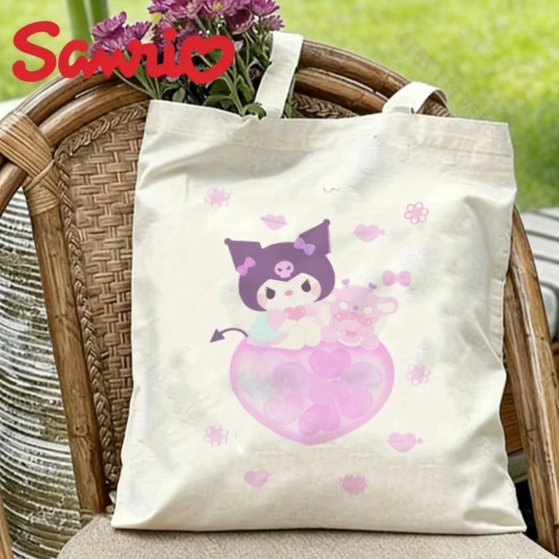 

1PC Sanrio Kuromi Canvas Tote Bag Double-sided Pink Heart Print Eco-friendly Reusable Shoulder Bag