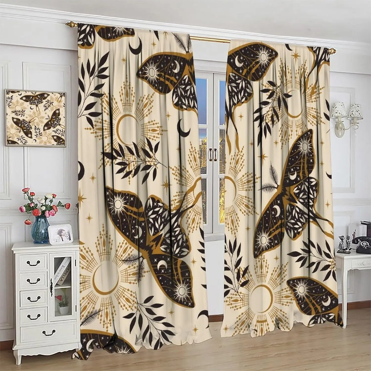 

Moth Blackout Curtains Vintage Moth Moon Tarot Hippie Divination Leaves Boho Home Window Treatments Bedroom Living Room Kitchen